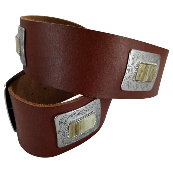Express Wide Brown Leather Concho Silver Chunky Belt Size L  Stone Agate - Picture 3 of 7